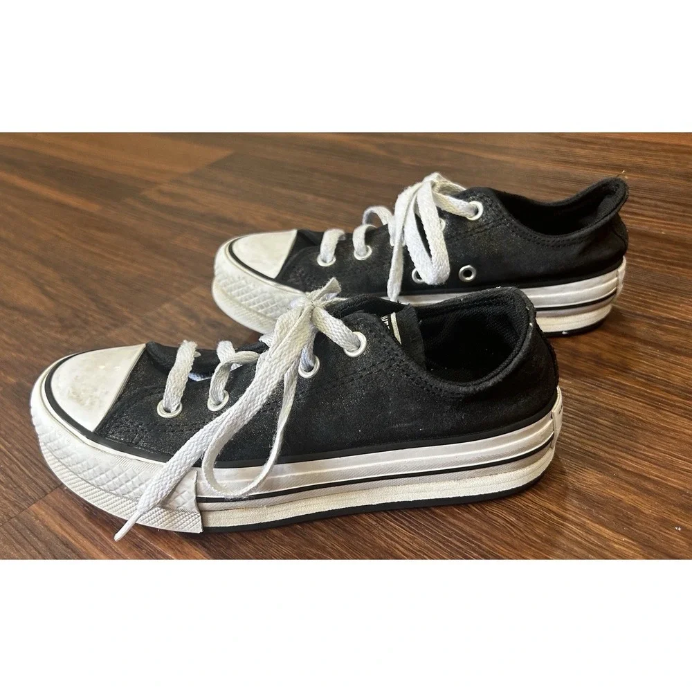 Converse All Stars Girls Size 1 Low Top Sneaker Black Canvas & Glitter B406